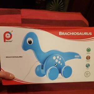 PINTOY BNIB Blue Wood Brachiosaurus Pull-Along Toy